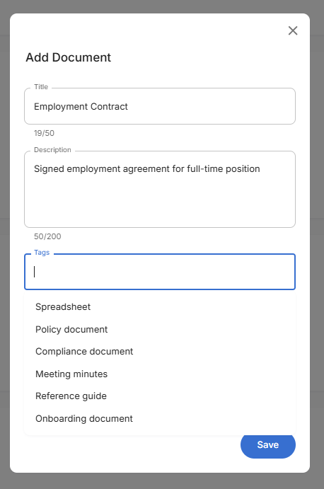 Add Document Form - tags