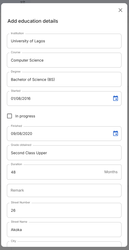 Add Education Form Filled