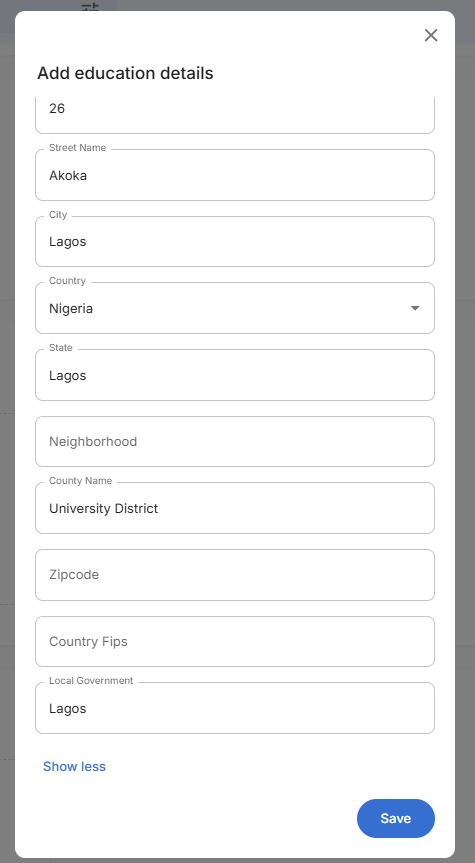 Add Education Form Filled