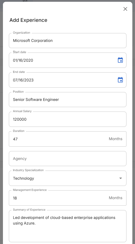 Add Experience Form Detailed