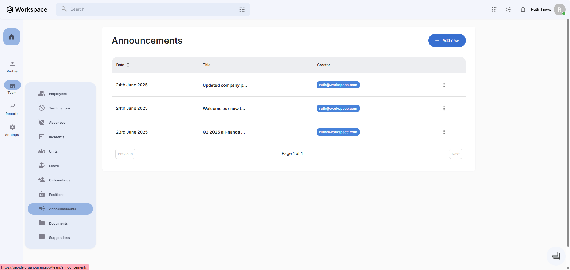 Announcements Dashboard