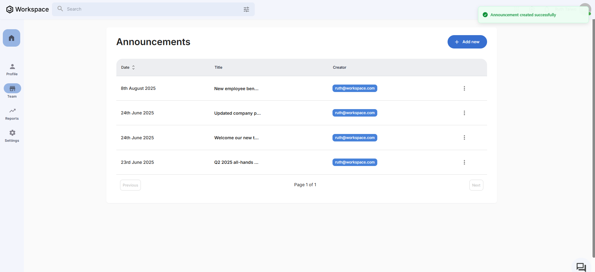 Announcements Dashboard Updated