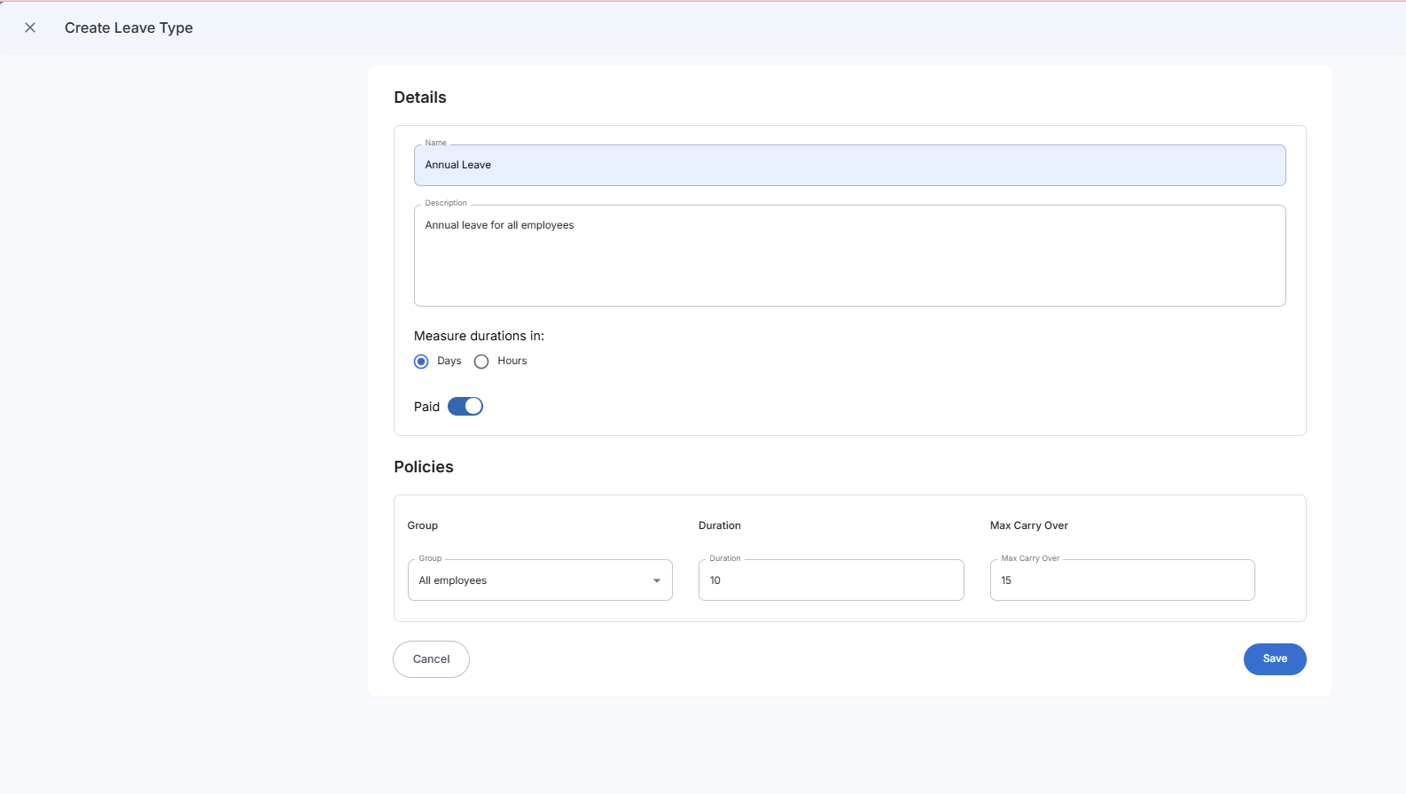 Create Leave Type Form
