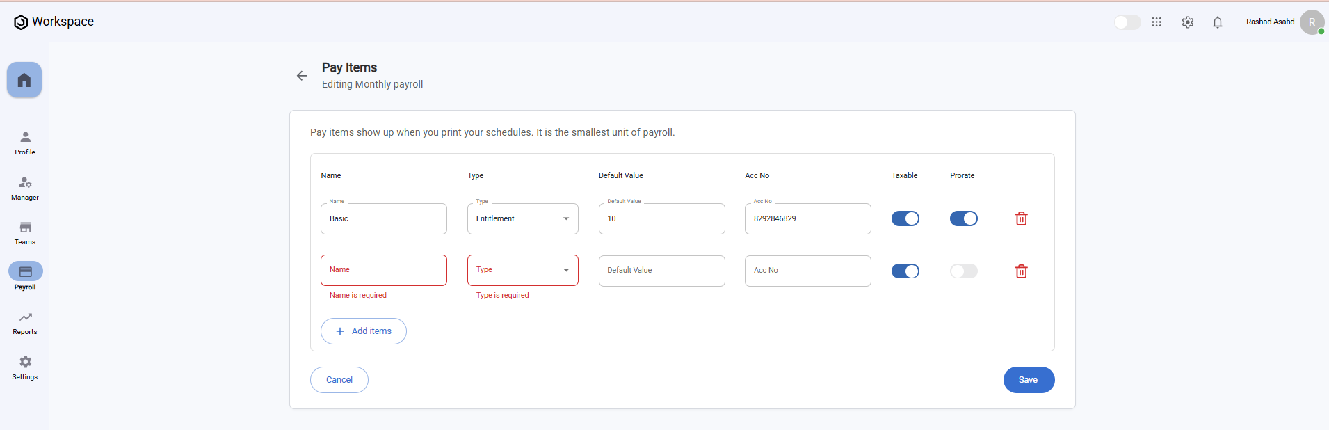 Pay Items Page