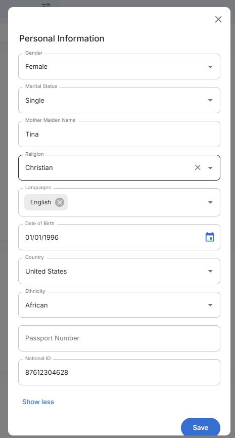 Personal Information Edit Form - Full