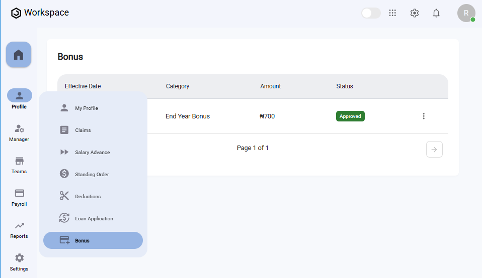 Self Service Bonuses Navigation