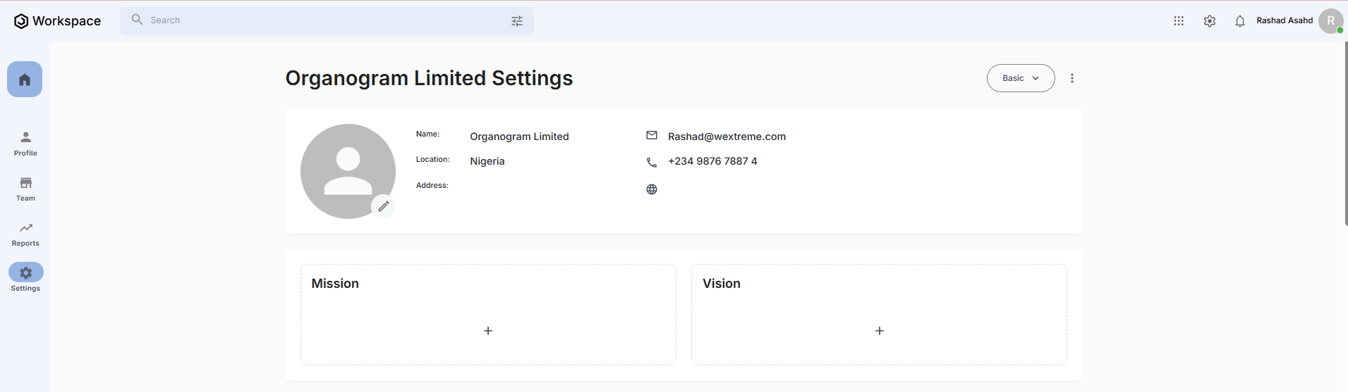 Settings page